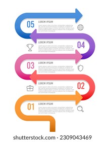 Vertikale Timeline-Infografik-Vorlage 5 Schritte oder Optionen mit Zeilenstreifen, Workflow oder Prozessdiagramm. Vektorgrafik.