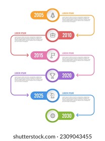 Timeline vertical infographics template 6 years to success. Milestone, Anniversary, Annual report. Vector illustration.