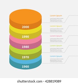 Timeline vertical round colorful segment stack. Infographic with dash line and text. Template. Flat design. White background. Isolated. Vector illustration