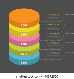 Timeline vertical round colorful segment stack. Infographic with dash line and text. Template. Flat design. Black background. Vector illustration