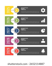 Modelo de infográfico de vetor vertical de linha do tempo com ícones e texto. Cinco etapas ou processos