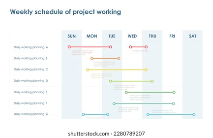 diagrama de proyecto de plan de programación semanal de línea de tiempo plantilla de infografía para empresas. Diagrama de programación de escala de tiempo moderno de 7 pasos con la infografía de la hoja de ruta de la escala de tiempo del vector de presentación.