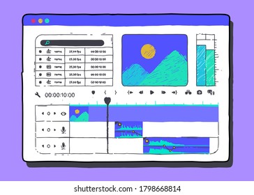 Timeline window in the program. Video clip editing. Handwriting style
