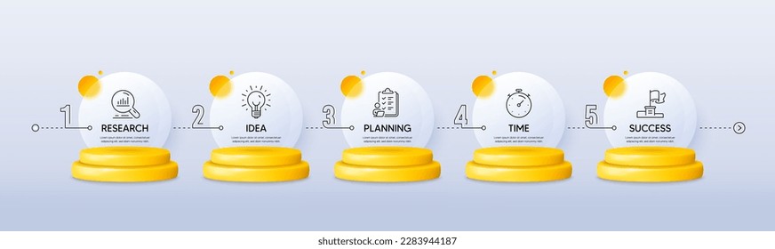 Timeline workflow 3d podium infographics. Infographic template with numbers 5 options or steps. Business infograph chart with 3d podium stages. Product timeline chart with glass blur effect. Vector