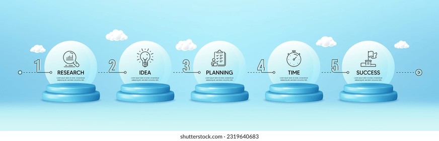 Timeline workflow 3d podium infographics. Infographic template with numbers 5 options or steps. Business infograph chart with 3d podium stages. Product timeline chart with clouds. Vector