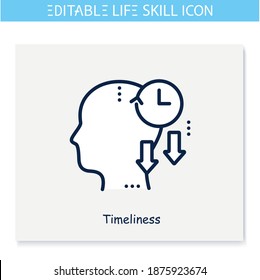 Timeliness line icon. Time management skill. Personality strengths and characteristics.Soft skills concept. Human resources management. Self improvement. Isolated vector illustration.Editable stroke 