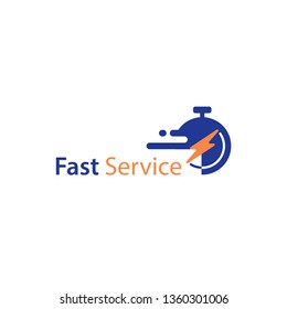 Timely delivery concept with blue orange color , flash and clock, order shipping on time, fast distribution services vector icon isolated on white background