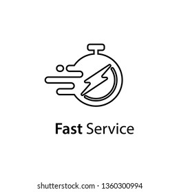 Timely delivery concept, flash and clock, order shipping on time, fast distribution services vector line icon isolated on white background