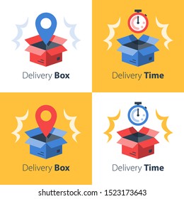 Timely delivery, fast service, order shipment, cargo transportation, receive parcel, postal office, pick up point, collect mail, box and stopwatch, waiting time, vector flat icon set