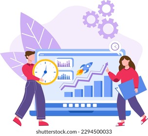 Timely execution is key to success. Time management in teamwork. Man and woman work on project and follow deadlines. Work schedule on planning board, curriculum. Vector image in flat style