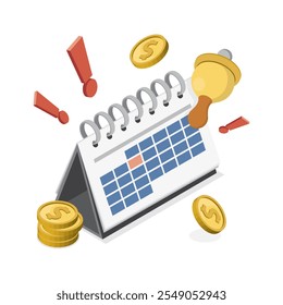 Timely payment planning concept. 3D calendar, bell and coins.