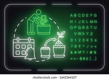 Icono de concepto de neon light. Las plantas domésticas se ocupan. Idea de replantar hierbas regularmente. Signo de brillo exterior con alfabeto, números y símbolos. Ilustración de color RGB aislada por vectores