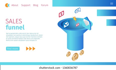 Timely Sales Funnel Definition Horizontal Banner. Vector Illustration on Landing Page. Foreground Wide Funnel. E-mails, Messengers and Mass Mailings, Coins Dollar Symbol Fly into Pipe.