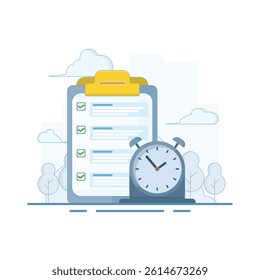 Timely Task Concept. Clipboard and Clock. finishing work or achieving goals before deadline, time management, productivity to achieve targets on time, Flat Design Illustration in the background.