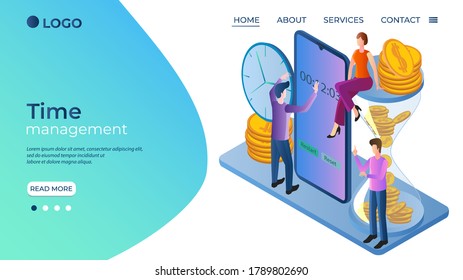 Time-management.The concept of effective control of time and effort.Planning of the workflow.The template of the landing page.Isometric illustration.