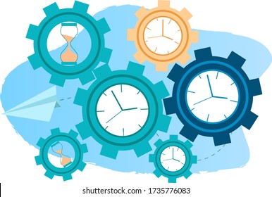 Time-management.The concept of saving working time.The clock and gears symbolize the control of the workflow.Flat vector illustration.