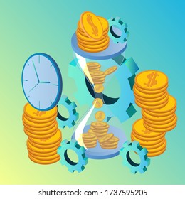 Administración del tiempo.Imagen isométrica de un reloj de arena, reloj y moneda.El concepto de control del tiempo, el tiempo es dinero.Ilustración vectorial.