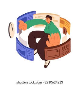 Time-management and multitasking concept. Business man meeting deadlines, handling with many lots of work projects, plenty different tasks. Flat vector illustration isolated on white background