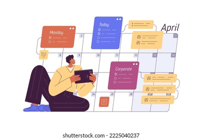 Time-management and planning concept. Man setting tasks, events in calendar. Person organizing schedule in online planner, organizer. Flat graphic vector illustration isolated on white background