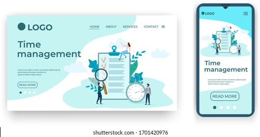 Time-management. Template for the user interface of the website's home page.Landing page template.The adaptive design of the smartphone.vector illustration
