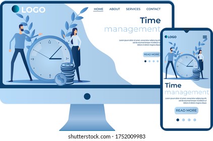 Administración de tiempo.Concepto de control de tiempo, proceso comercial.Plantilla de sitio, concepto de página de inicio.Diseño adaptativo.La pantalla del smartphone y la ilustración computer.Vector.