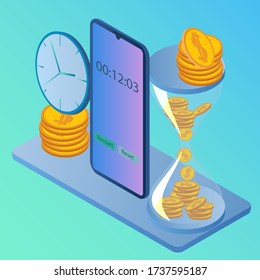 Time-management.Isometric view of the smartphone,the sand for hours and hours with money.Concept of time control and clock reconciliation .Vector illustration.