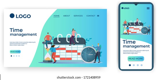 Time-management.People, hourglass and alarm clock.Template for the user interface of the site's home page.Landing page template.The adaptive design of the smartphone.vector illustration.