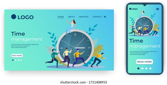 Time-management.People run near the clock.Template for the user interface of the site's home page.Landing page template.The adaptive design of the smartphone.vector illustration.