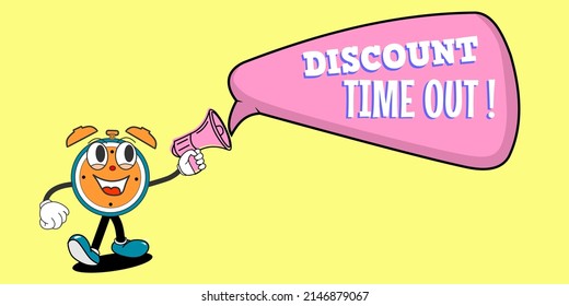 time-out discount banner with illustration of hand holding loudspeaker.cute traditional cartoon banner