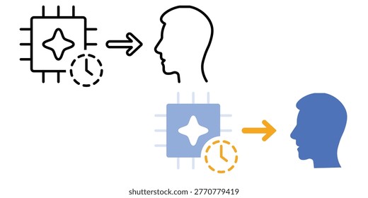 Timeout escalation symbol. AI process delayed with clock leading to human fallback path. Decision timeout to human concept. Simple geometric illustration.