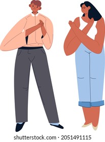 Timeout and stop gesture, man and woman crossing and raising arms. Prohibition and refusal, negative feedback or opinion, restriction and decline hand symbol. Vector in flat style illustration