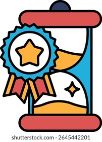A timepiece with a blue and yellow ribbon and a star on it. The ribbon is red and white