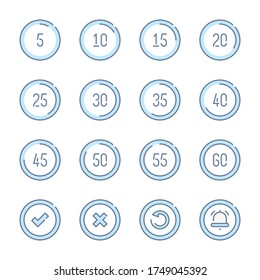 Timepiece and Time Countdown related blue line colored icons. Timer, Stopwatch and Time Measurement icon set.