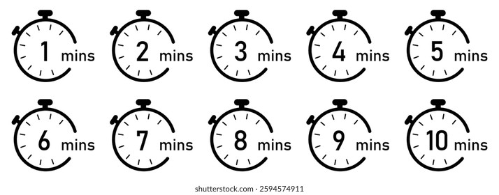 Timer from 1 to 10 minutes. 1, 2, 3, 4, 5, 6, 7, 8, 9, 10, min, timer clock isolated vector illustration. Timer, clock, stopwatch vector icon set. Flat style.