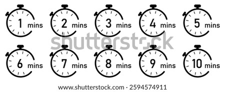 Timer from 1 to 10 minutes. 1, 2, 3, 4, 5, 6, 7, 8, 9, 10, min, timer clock isolated vector illustration. Timer, clock, stopwatch vector icon set. Flat style.