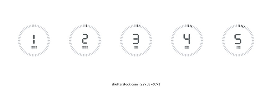 Timer, 1, 2, 3, 4, 5 min.stop Uhr einzelne Set-Icons.Countdown Timer Symbol Set.Vektorgrafik.