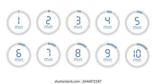 Timer, 1, 2, 3, 4, 5, 6, 7, 8, 9, 10 min. Stopwatch isolated set icons. Countdown timer symbol icon set. vector illustration.
