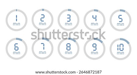 Timer, 1, 2, 3, 4, 5, 6, 7, 8, 9, 10 min. Stopwatch isolated set icons. Countdown timer symbol icon set. vector illustration.