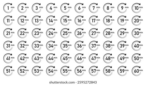 Timer from 1 to 60 minutes. The timer is divided into 60 parts. Timer, clock, stopwatch vector icon set. Flat style. 1, 2, 3, 4, 5, 6, 7, 8, 9, 60, min, timer clock isolated vector illustration.