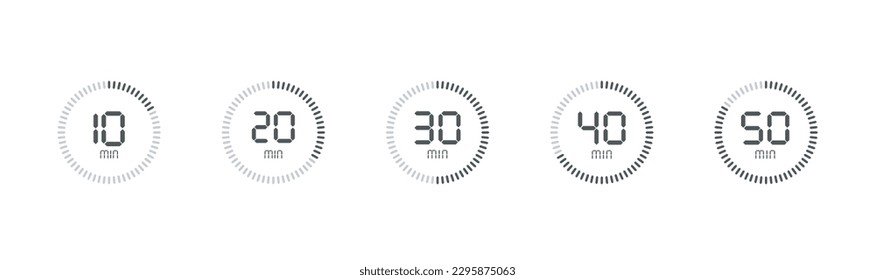 Timer, 10, 20, 30, 40, 50 min.stopwatch conjunto aislado iconos.Juego de símbolos de temporizador de cuenta regresiva.ilustración vectorial.