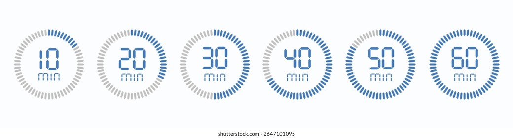 Timer, 10, 20, 30, 40, 50, 60 min. Stopwatch isolated set icons. Countdown timer symbol icon set. vector illustration.