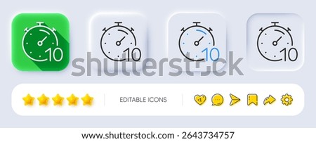 Timer 10 minutes line icon. Neumorphic, Flat shadow, 3d buttons. Stopwatch time sign. Countdown clock symbol. Line timer icon. Social media icons. Vector