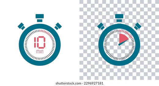 Timer, 10 minutes, stopwatch vector icon. Stopwatch icon in flat style, 10 minutes Countdown timer symbol icon on white and transparent background. Vector illustration.