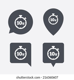 Timer 10 seconds sign icon. Stopwatch symbol. Map pointers information buttons. Speech bubbles with icons. Vector
