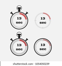 Timer 13 seconds on gray background . Stopwatch icon set. Timer icon. Time check. Seconds timer, seconds counter. Timing device.  Four options. EPS 10 vector.