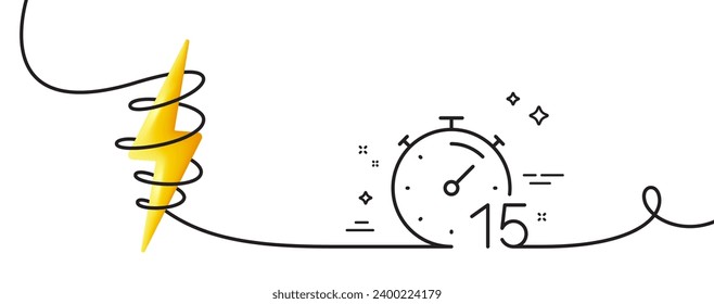 Timer 15 minutes line icon. Continuous one line with curl. Stopwatch time sign. Countdown clock symbol. Timer single outline ribbon. Loop curve with energy. Vector