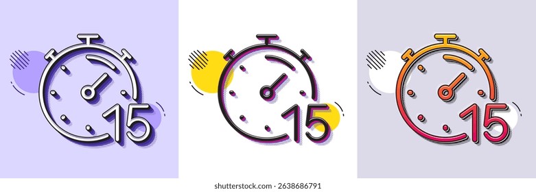 Timer 15 minutes line icon. Halftone dotted pattern. Gradient icon with grain shadow. Stopwatch time sign. Countdown clock symbol. Line timer icon. Various designs. Vector