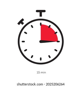 Timer 15 minutes symbol color style isolated on white background. Clock, stopwatch, cooking time label. Vector 10 eps