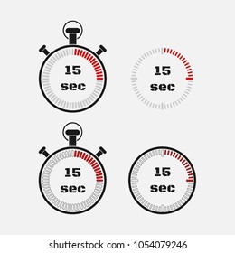 Timer 15 seconds on gray background . Stopwatch icon set. Timer icon. Time check. Seconds timer, seconds counter. Timing device.  Four options. EPS 10 vector.