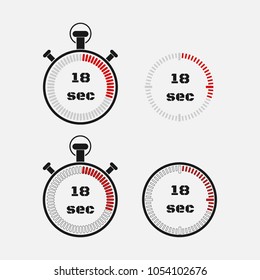 Timer 18 seconds on gray background . Stopwatch icon set. Timer icon. Time check. Seconds timer, seconds counter. Timing device.  Four options. EPS 10 vector.